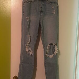 Blue Straight Leg Jeans with Textured Finish
